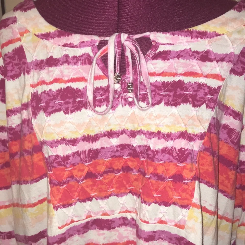 Erika 1X Women’s 3/4 Sleeve Scoop Tie Neck Pink Purple Red White Stripes